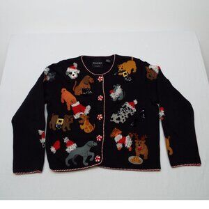 Michael Simon Black Dog Christmas Holiday Cardigan Sweater XL Peppermint Buttons